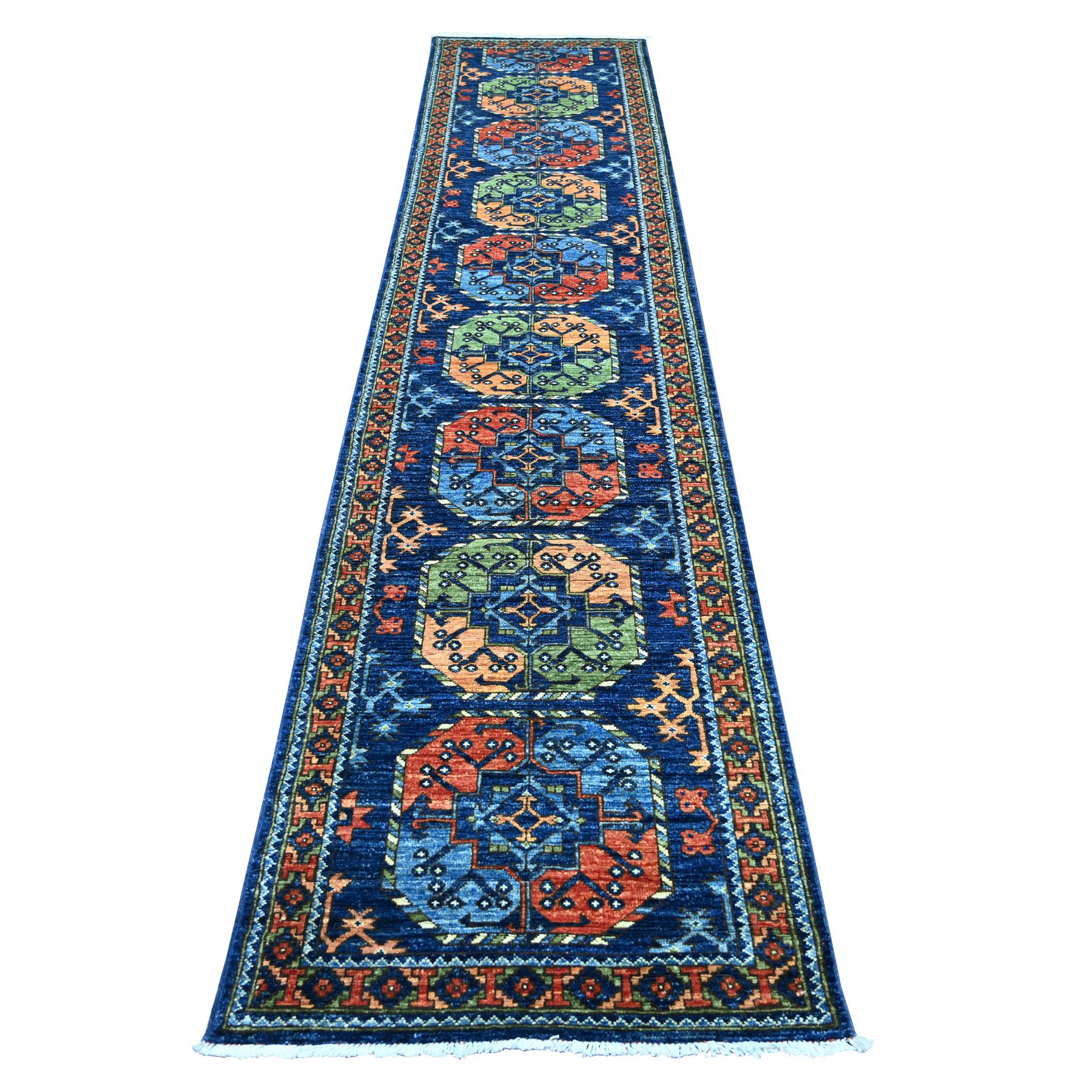 2'7"x12' Yale Blue, Afghan Ersari with Elephant Feet Design, Hand Knotted, Natural Dyes, Denser Weave, Pure Wool, Runner, Oriental Rug 